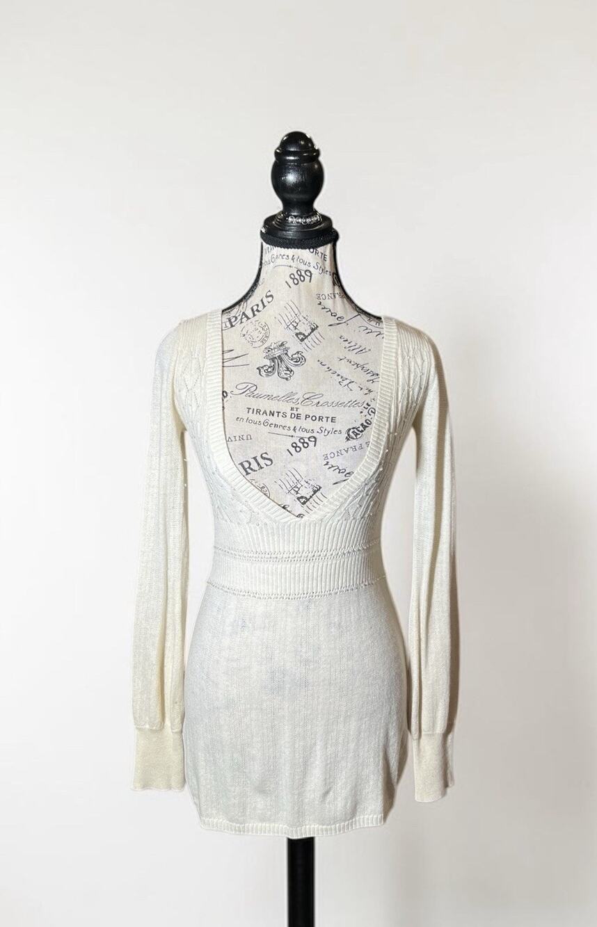Vintage GUESS Cream Knit Long Sleeve Mini Sweater Dress Wide Scoop Neck XS